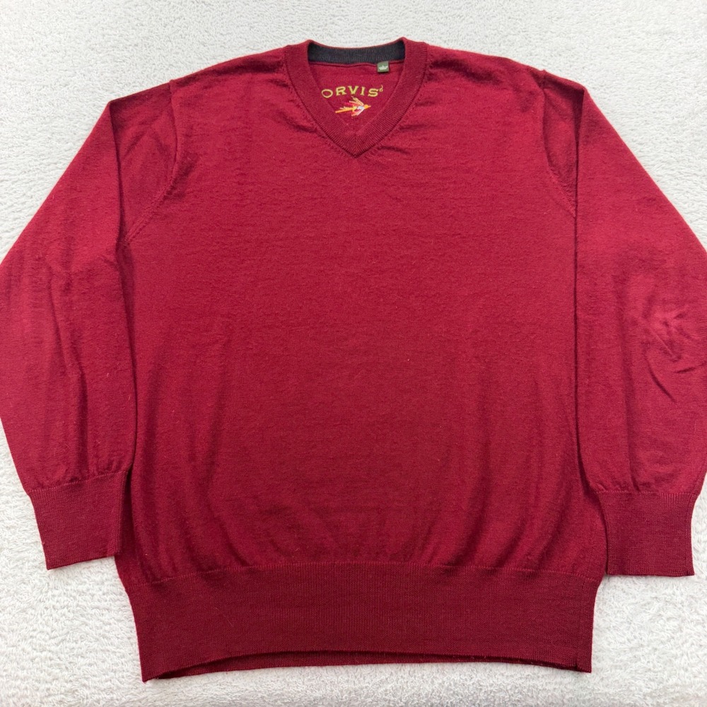 Orvis Mens Large Burgundy Red 100% Wool V-Neck Pullover Sweater Fly Fishing Logo